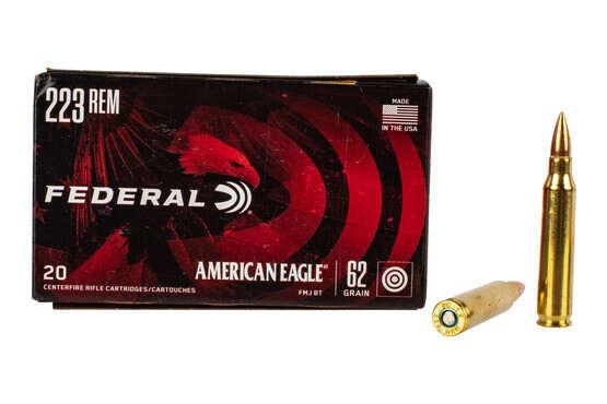 Federal American Eagle 223 Ammunition features a 62 grain full metal jacket bullet